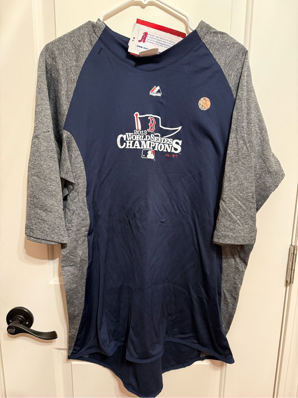 Majestic Navy and Gray Raglan 3/4 Sleeve Boston Champions Tee